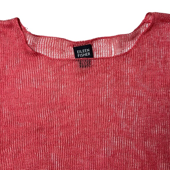 Eileen Fisher System Size Large Sweater Knit Fishnet Boxy Coral Red 100% Linen - Picture 2 of 7